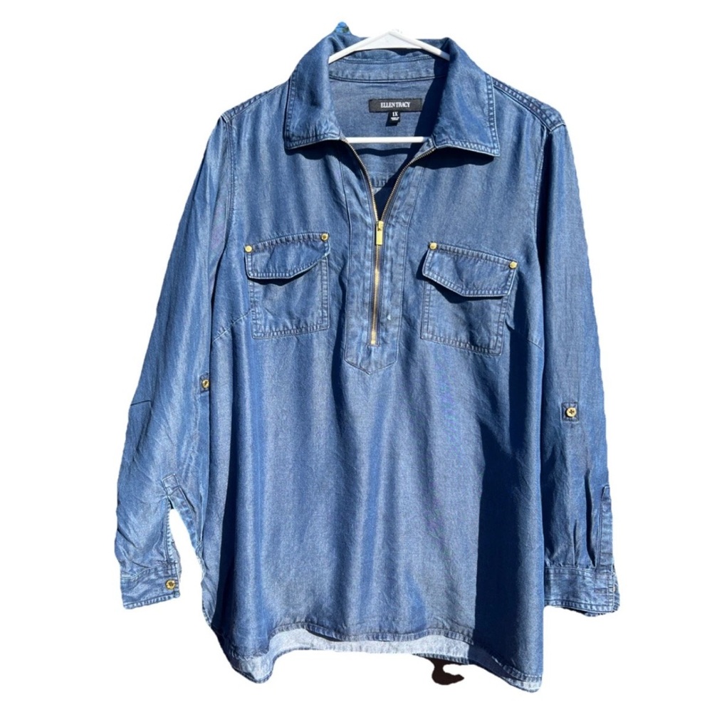 "NEW" Women 1X Ellen Tracy Linen Navy Blue Tunic Top 3/4 Roll Tab Sleeve